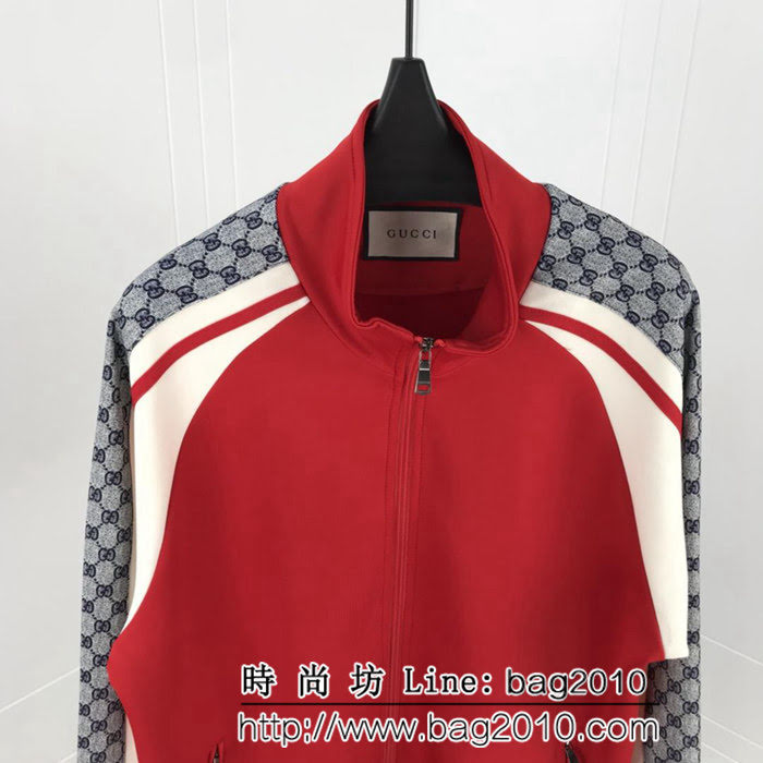 GUCCI古馳 19SS GG jersey 紅拼米 側邊老花logo 夾克套裝 純棉面料 側邊數碼老花logo印花貼布拼接 高版本男女同款 ydi2514